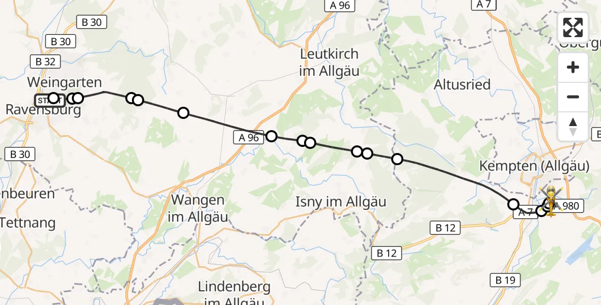 Flugroute Rettungshubschrauber Sankt Elisabeth Hospital - Kempten-Durach Flugplatz, 21 Juli 2026, 18:54