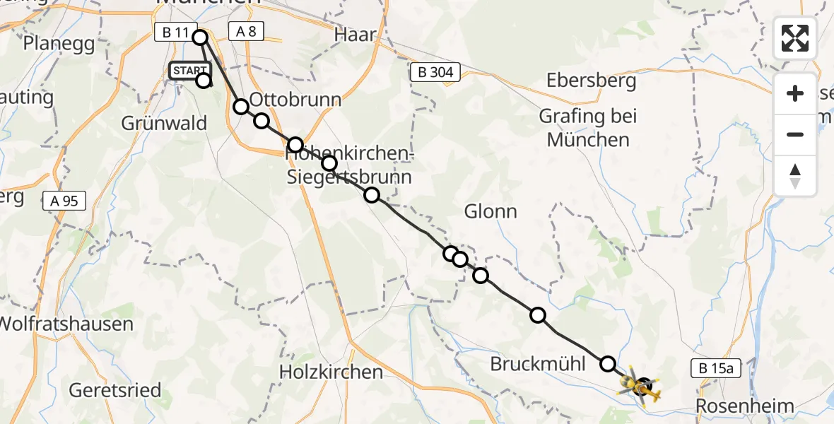 Flugroute Rettungshubschrauber ADAC Air Rescue Center Hubschrauberlandeplatz (Christoph 1) - RoMed Hospital Bad Aibling, 21 Juli 2026, 18:55