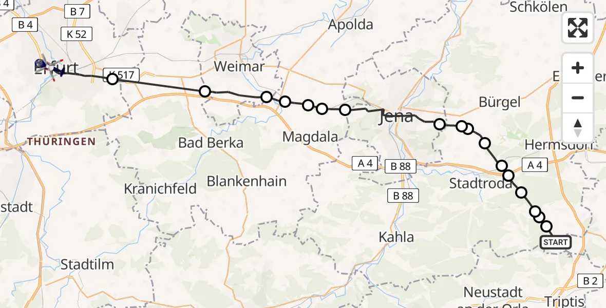 Flugroute Polizeihubschrauber Renthendorf - Erfurt, 21 Juli 2026, 19:08