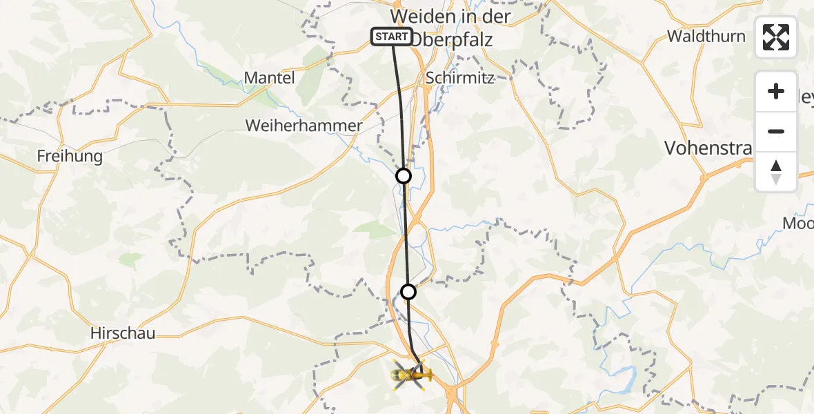 Flugroute Ambulanzhubschrauber Weiden i.d.OPf. - Wernberg-Köblitz, 21 Juli 2026, 19:10