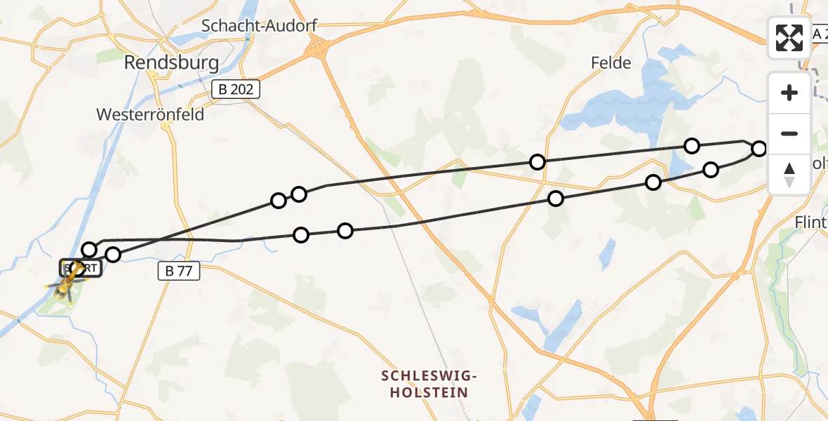 Flugroute Ambulanzhubschrauber Schülp b.Rendsburg - Rendsburg-Schachtholm Flugplatz, 21 Juli 2026, 19:10