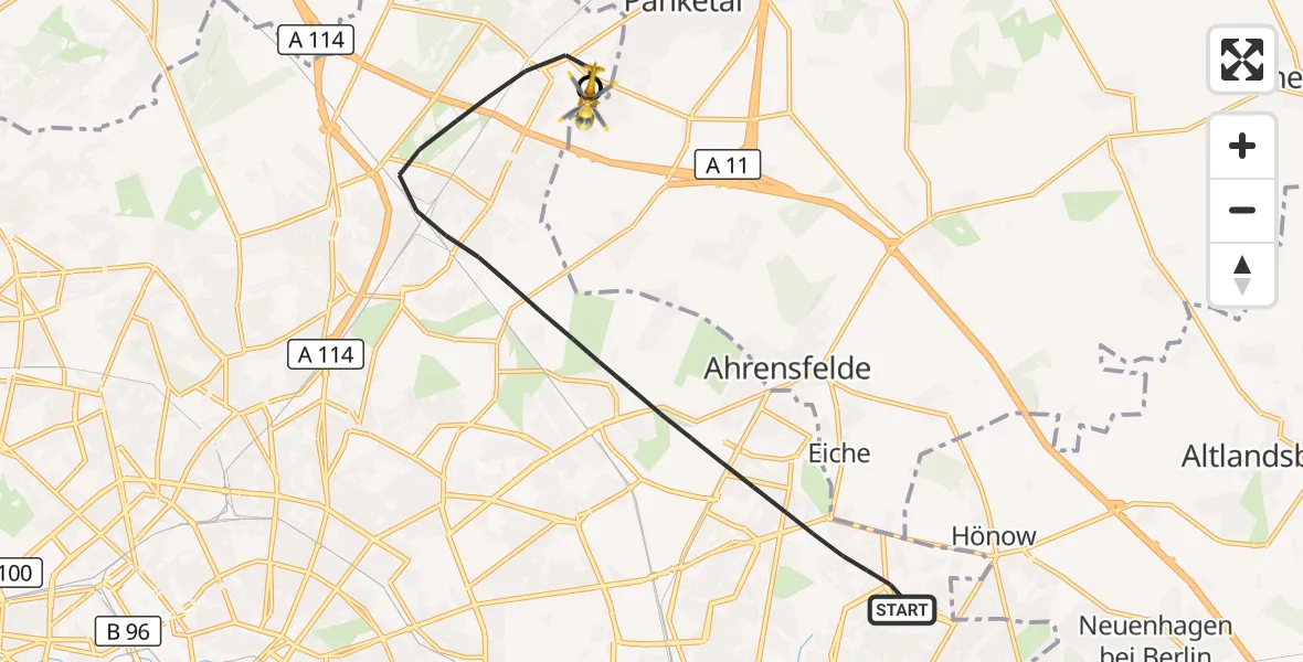 Flugroute Rettungshubschrauber Berlin - Helios Clinic Berlin-Buch, 21 Juli 2026, 19:27