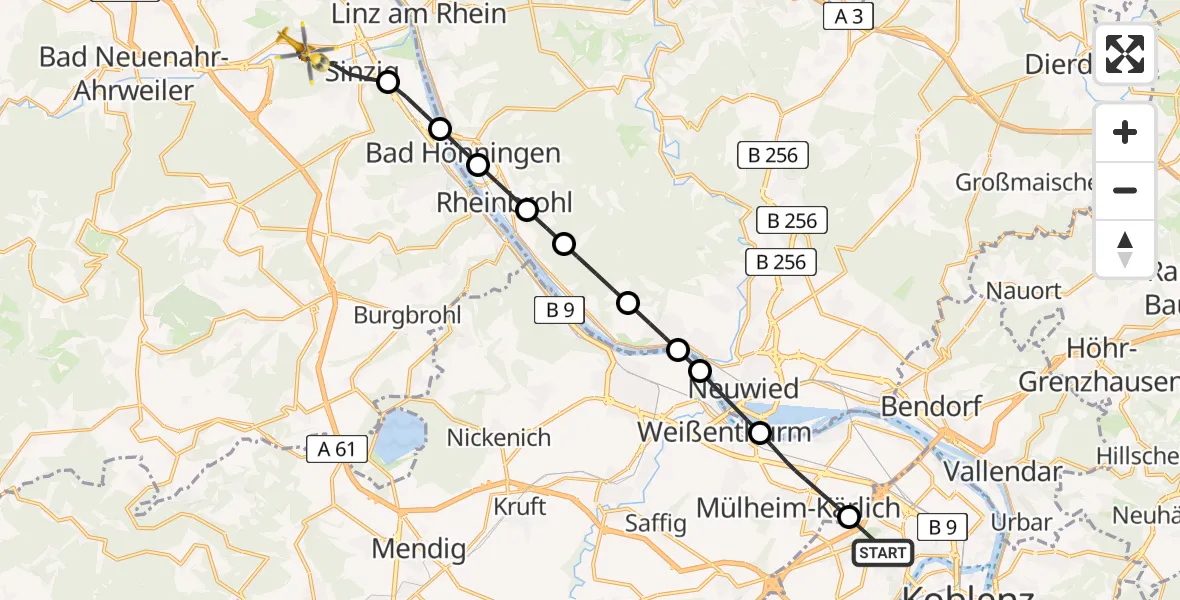 Flugroute Rettungshubschrauber Koblenz - Sinzig, 21 Juli 2026, 19:29