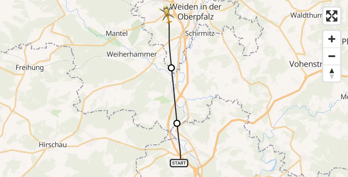 Flugroute Ambulanzhubschrauber Wernberg-Köblitz - Weiden i.d.OPf., 21 Juli 2026, 19:42