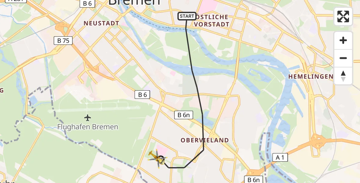 Flugroute Rettungshubschrauber Bremen - ADAC Air Rescue Station Bremen Hubschrauberlandeplatz (Christoph 6), 21 Juli 2026, 19:49