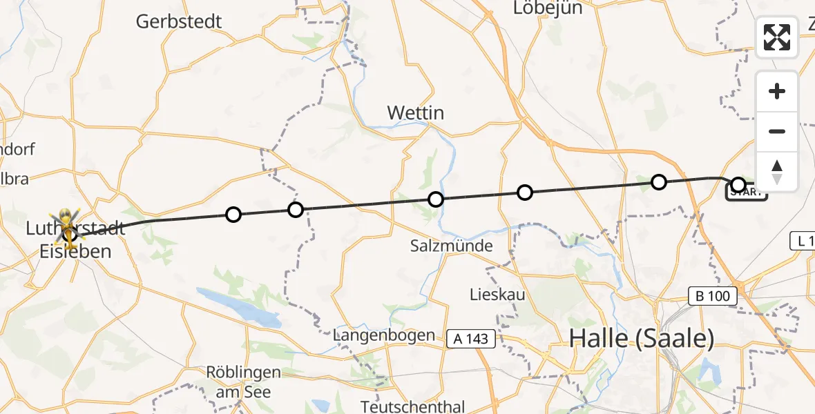 Flugroute Rettungshubschrauber Halle-Oppin Flugplatz - Helios Hospital Lutherstadt Eisleben, 21 Juli 2026, 19:51