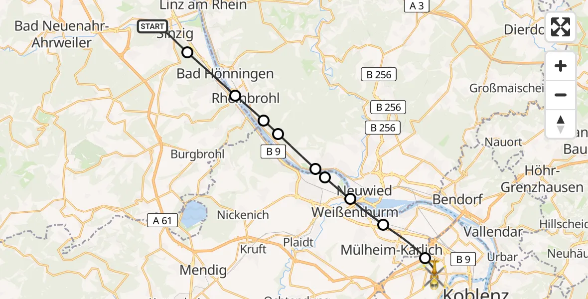 Flugroute Rettungshubschrauber Sinzig - Koblenz, 21 Juli 2026, 19:59