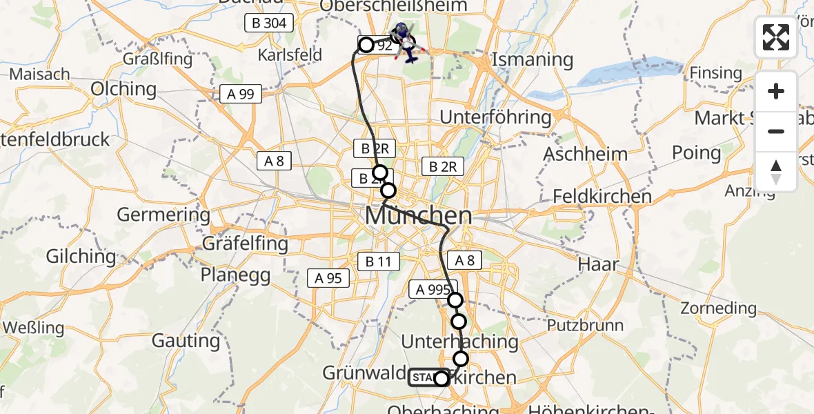 Flugroute Polizeihubschrauber Perlacher Forst - Oberschleißheim, 21 Juli 2026, 20:25