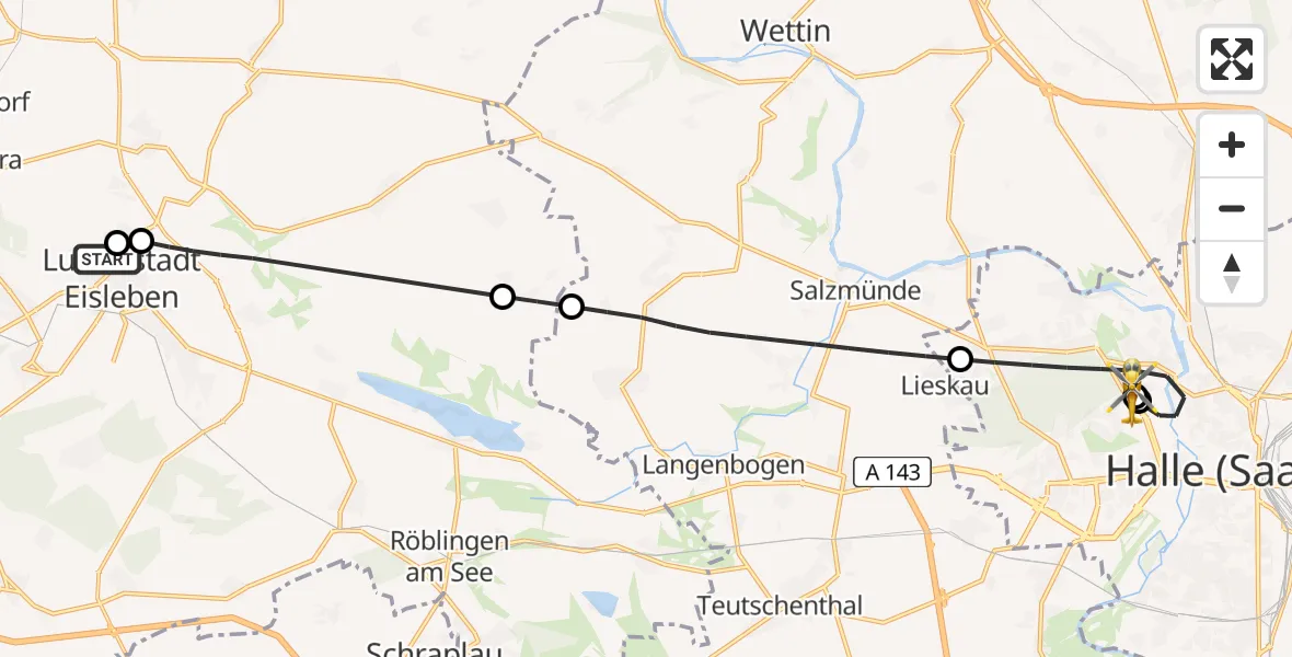 Flugroute Rettungshubschrauber Helios Hospital Lutherstadt Eisleben - Halle (Saale) University Hospital, 21 Juli 2026, 20:32