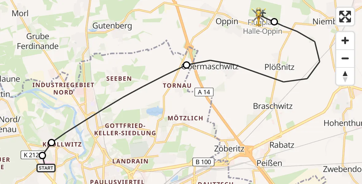 Flugroute Rettungshubschrauber Halle (Saale) University Hospital - Halle-Oppin Flugplatz, 21 Juli 2026, 21:10