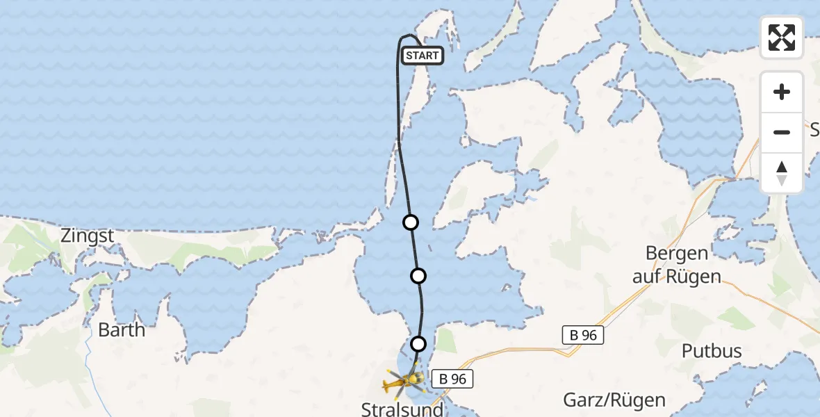 Flugroute Rettungshubschrauber Insel Hiddensee - Stralsund, 21 Juli 2026, 21:11