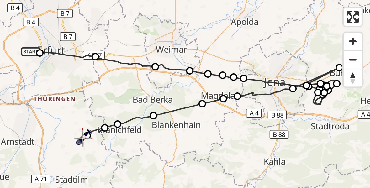 Flugroute Polizeihubschrauber Erfurt-Weimar Flughafen - Witzleben, 21 Juli 2026, 21:30
