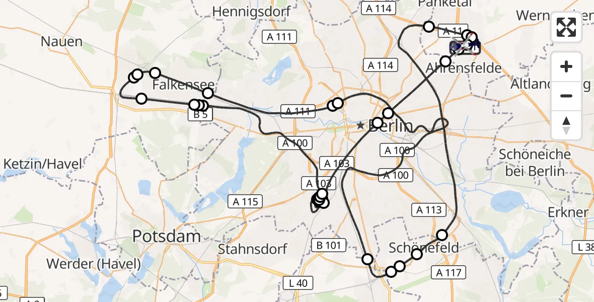 Flugroute Polizeihubschrauber Ahrensfelde Hubschrauberlandeplatz - Ahrensfelde Hubschrauberlandeplatz, 21 Juli 2026, 21:35