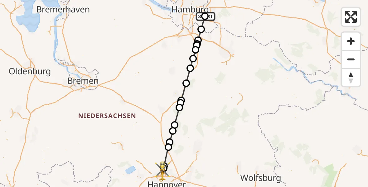 Flugroute Rettungshubschrauber Christoph Hansa ADAC Hubschrauberlandeplatz - Flughafen Hannover, 21 Juli 2026, 21:38