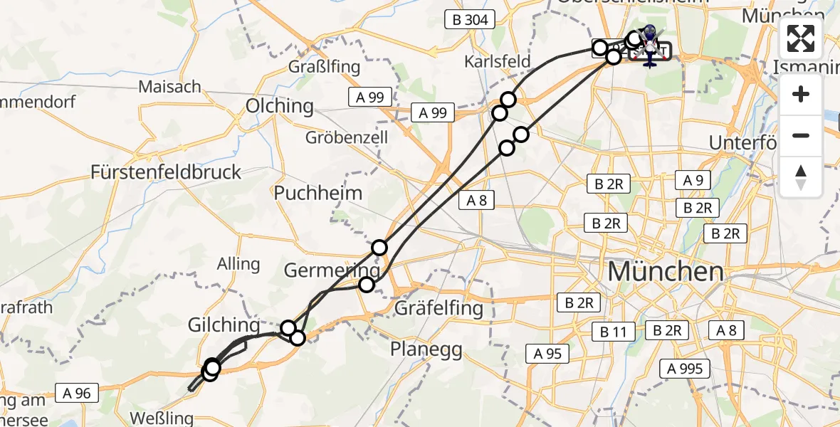 Flugroute Polizeihubschrauber Oberschleißheim - Oberschleißheim, 21 Juli 2026, 21:48
