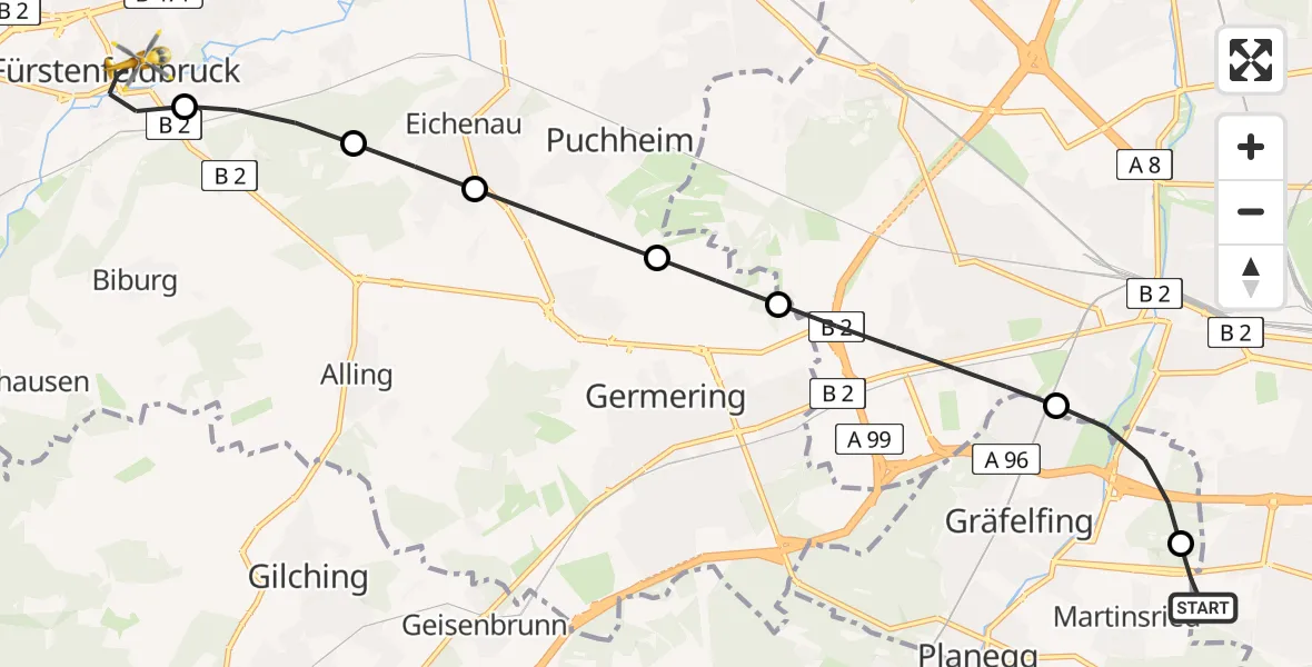 Flugroute Rettungshubschrauber DRF Air Rescue München Hubschrauberlandeplatz - Fürstenfeldbruck, 21 Juli 2026, 21:55