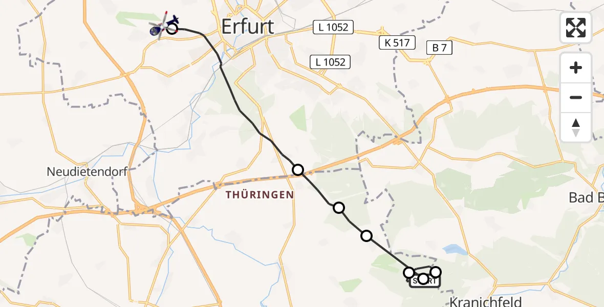 Flugroute Polizeihubschrauber Osthausen-Wülfershausen - Erfurt-Weimar Flughafen, 21 Juli 2026, 22:27