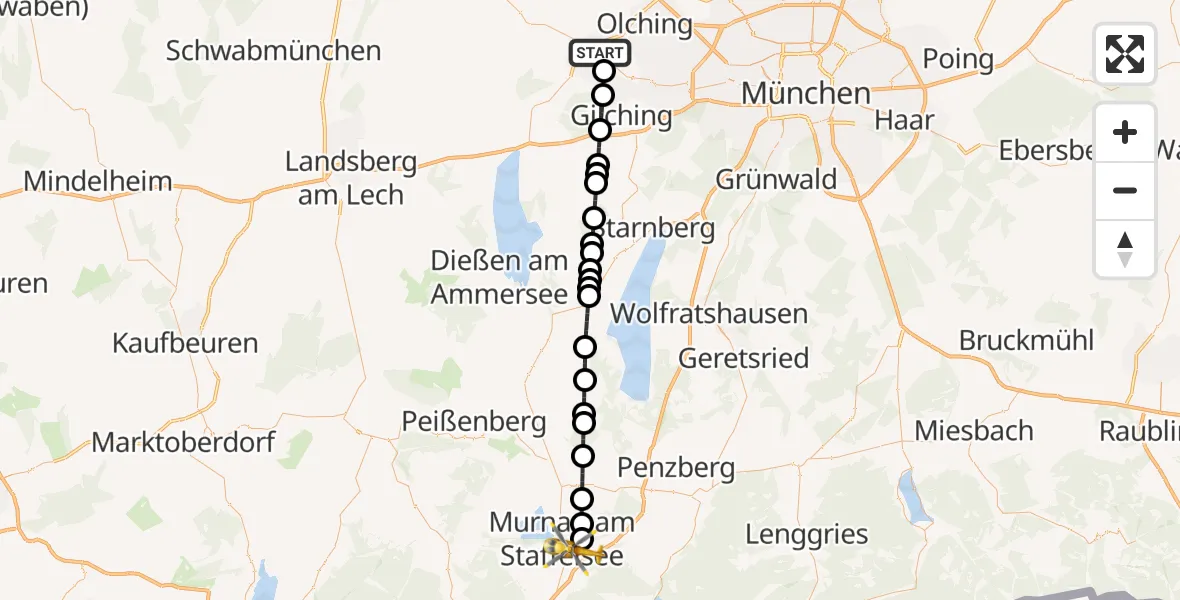 Flugroute Rettungshubschrauber Fürstenfeldbruck - Murnau a.Staffelsee, 21 Juli 2026, 22:29