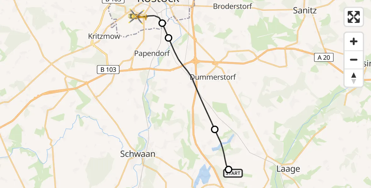 Flugroute Rettungshubschrauber Flughafen Rostock-Laage - Rostock, 21 Juli 2026, 22:32