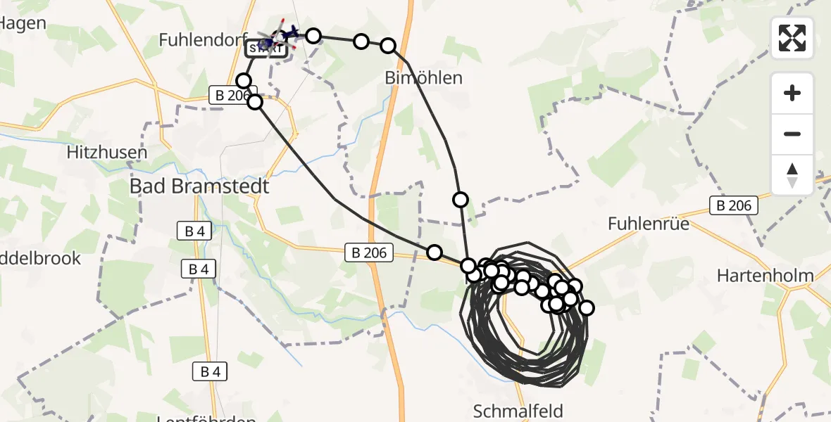 Flugroute Polizeihubschrauber Bad Bramstedt Hubschrauberlandeplatz - Bad Bramstedt Hubschrauberlandeplatz, 21 Juli 2026, 23:13