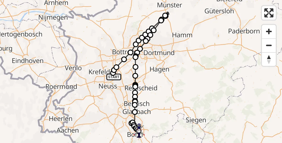 Flugroute Polizeihubschrauber Düsseldorf Flughafen - Bonn-Hangelar Flugplatz, 21 Juli 2026, 23:31