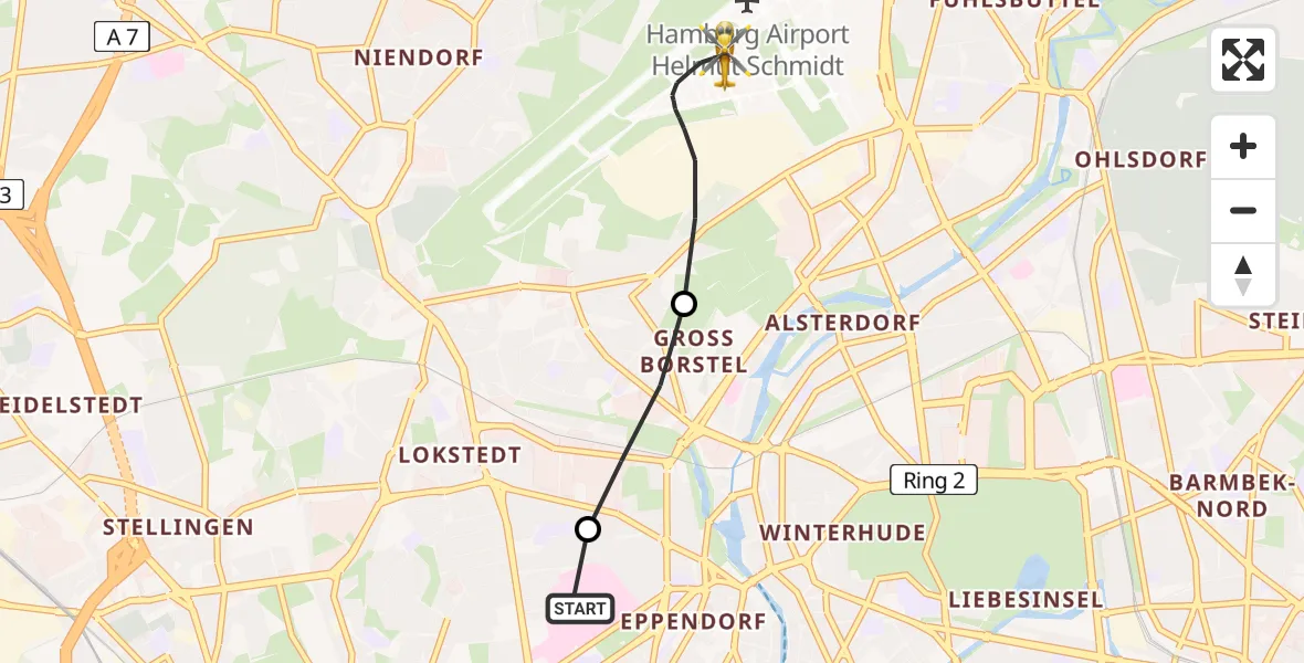Flugroute Ambulanzhubschrauber Universitätsklinikum Hamburg-Eppendorf Hubschrauberlandeplatz - Hamburg Helmut Schmidt Flughafen, 21 Juli 2026, 23:51