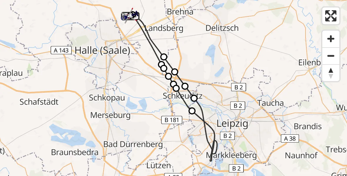 Flugroute Polizeihubschrauber Halle-Oppin Flugplatz - Halle-Oppin Flugplatz, 22 Juli 2026, 00:10