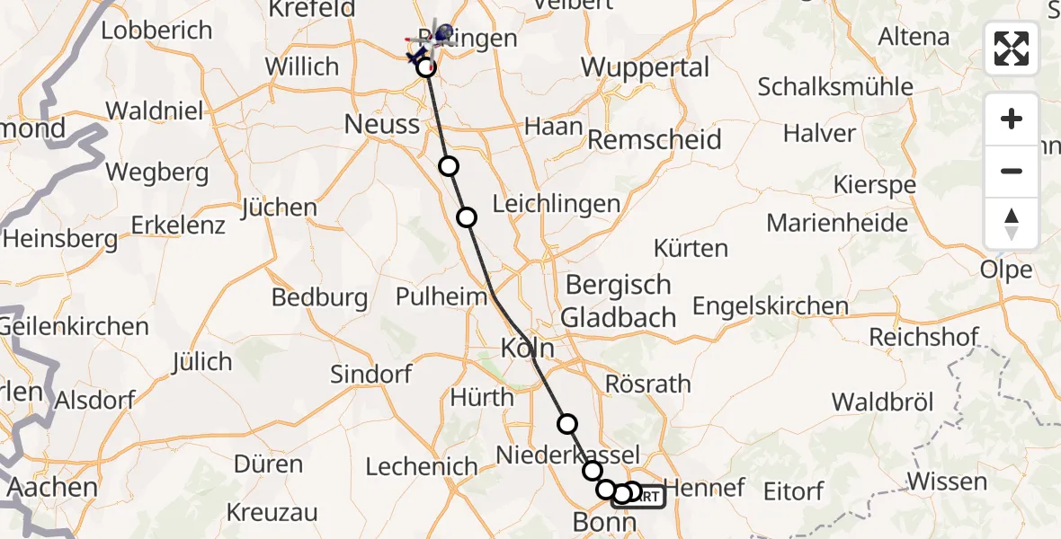 Flugroute Polizeihubschrauber Bonn-Hangelar Flugplatz - Düsseldorf Flughafen, 22 Juli 2026, 02:36