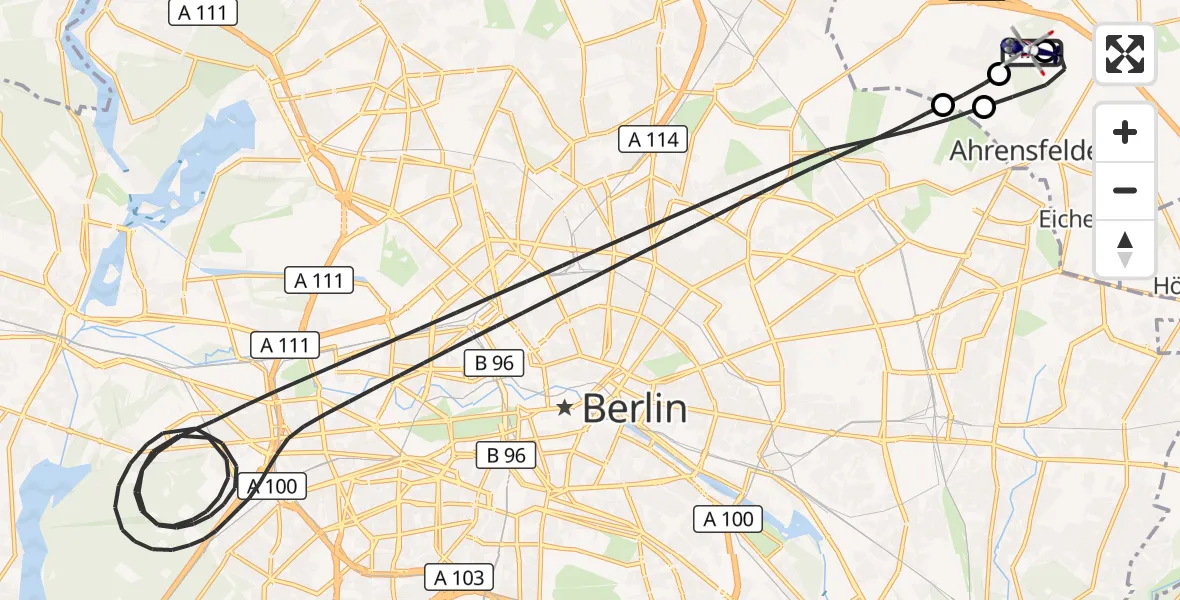 Flugroute Polizeihubschrauber Ahrensfelde Hubschrauberlandeplatz - Ahrensfelde Hubschrauberlandeplatz, 22 Juli 2026, 03:09