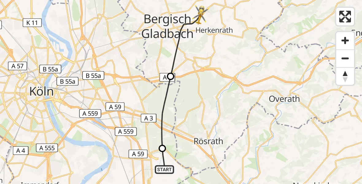 Flugroute Rettungshubschrauber Köln Bonn Flughafen - Bergisch Gladbach, 22 Juli 2026, 04:56