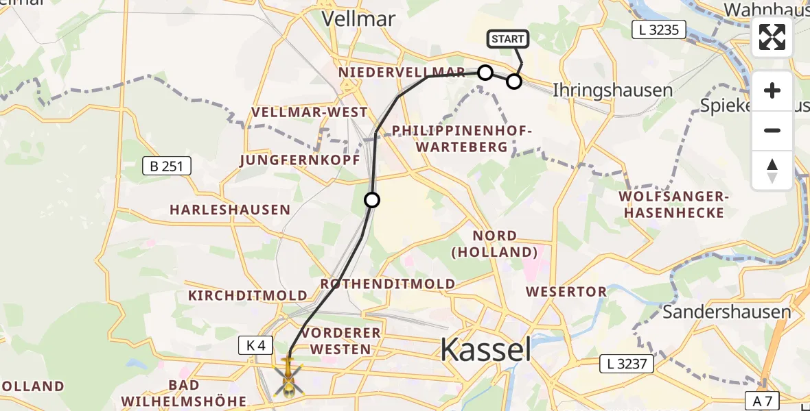 Flugroute Rettungshubschrauber Fuldatal Bundespolizei Hubschrauberlandeplatz - Kassel, 22 Juli 2026, 05:03