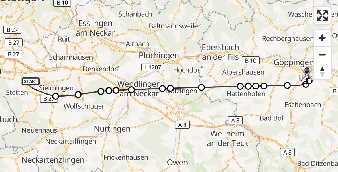 Flugroute Polizeihubschrauber Flughafen Stuttgart - Göppingen, 22 Juli 2026, 05:04
