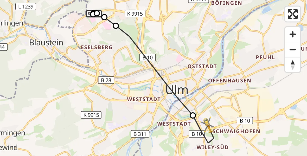 Flugroute Rettungshubschrauber Ulm Military Hospital Emergency - Neu-Ulm, 22 Juli 2026, 05:18