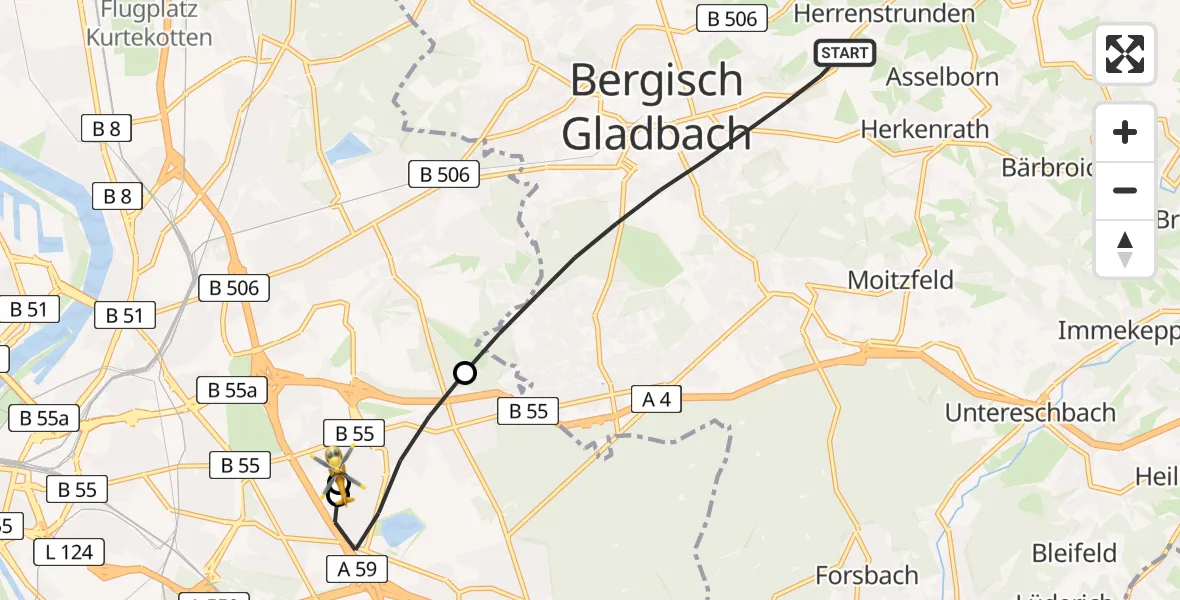 Flugroute Rettungshubschrauber Bergisch Gladbach - Merheim Hospital, 22 Juli 2026, 05:25