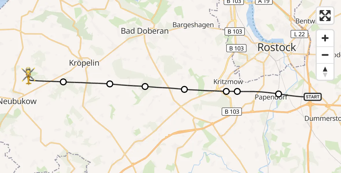 Flugroute Ambulanzhubschrauber Dummerstorf - Biendorf, 22 Juli 2026, 05:37