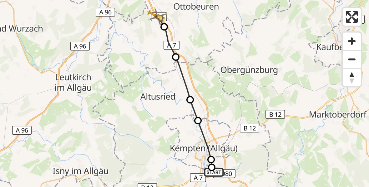 Flugroute Rettungshubschrauber Kempten-Durach Flugplatz - Woringen, 22 Juli 2026, 05:43
