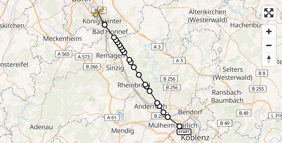 Flugroute Rettungshubschrauber Koblenz - Königswinter, 22 Juli 2026, 05:51