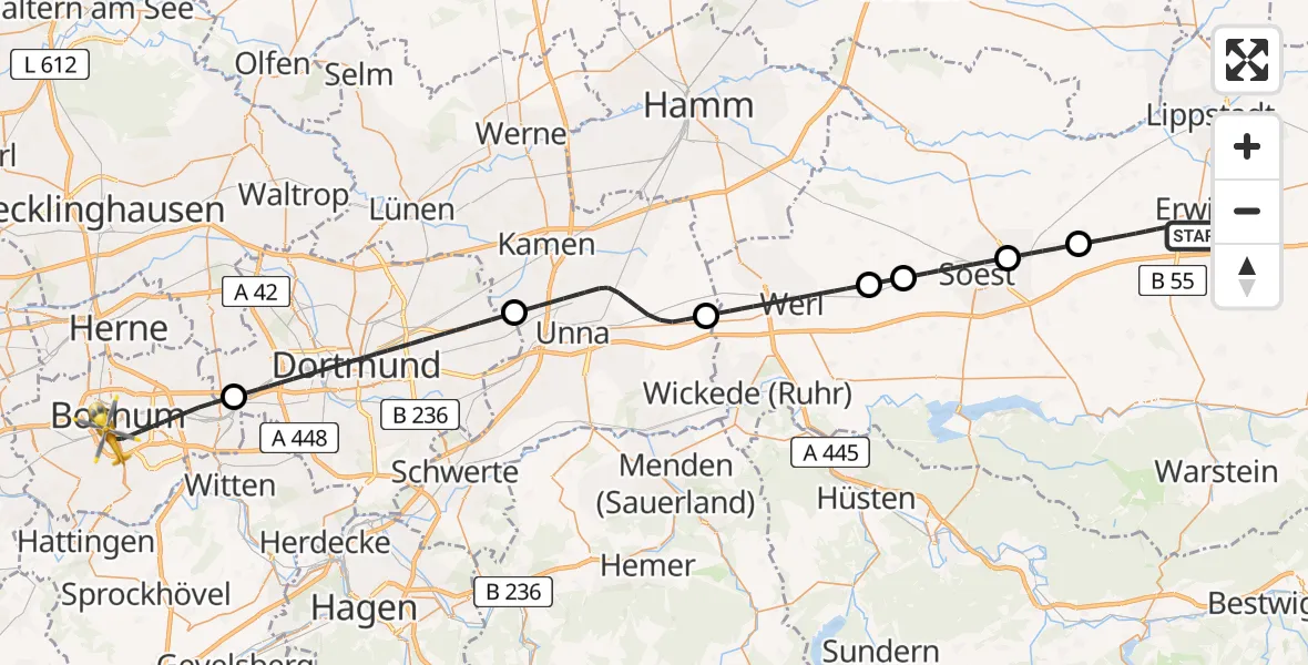 Flugroute Ambulanzhubschrauber Erwitte - Bochum, 22 Juli 2026, 05:57