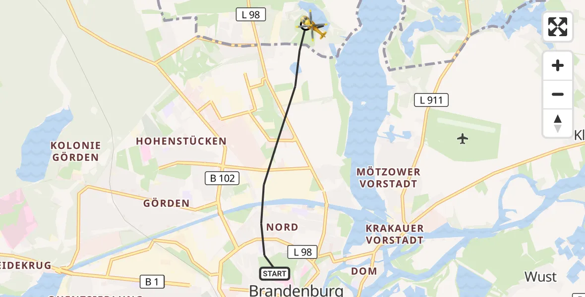 Flugroute Rettungshubschrauber Brandenburg an der Havel - Beetzsee, 22 Juli 2026, 05:57
