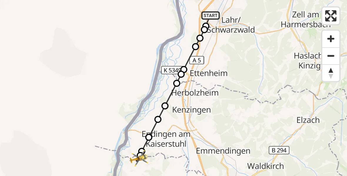 Flugroute Rettungshubschrauber Lahr/Schwarzwald - Vogtsburg im Kaiserstuhl, 22 Juli 2026, 05:58
