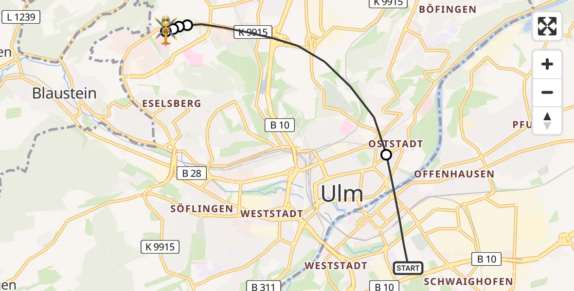 Flugroute Rettungshubschrauber Neu-Ulm - ADAC Air Rescue Station Ulm (Christoph 22), 22 Juli 2026, 06:06