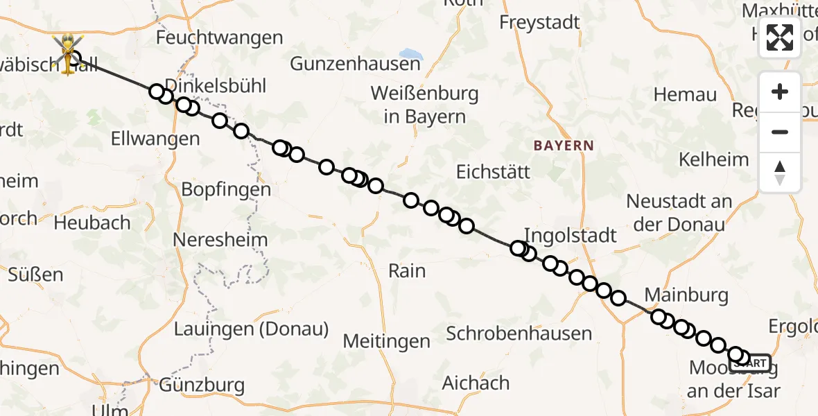 Flugroute Rettungshubschrauber Bruckberg - Ilshofen, 22 Juli 2026, 06:06