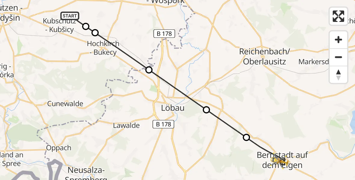 Flugroute Rettungshubschrauber Kubschütz - Bernstadt a.d.Eigen, 22 Juli 2026, 06:13