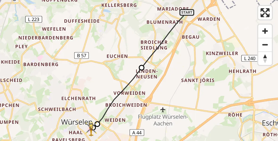 Flugroute Rettungshubschrauber Alsdorf - Rhein-Maas Hospital, 22 Juli 2026, 06:22
