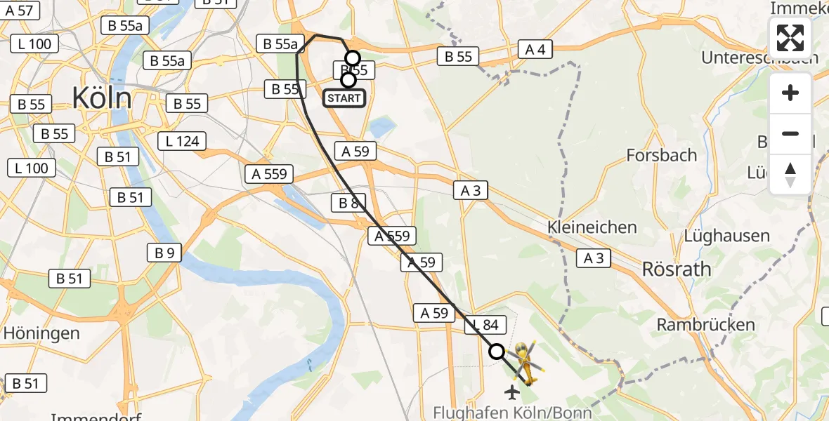 Flugroute Rettungshubschrauber Merheim Hospital - Köln Bonn Flughafen, 22 Juli 2026, 06:22