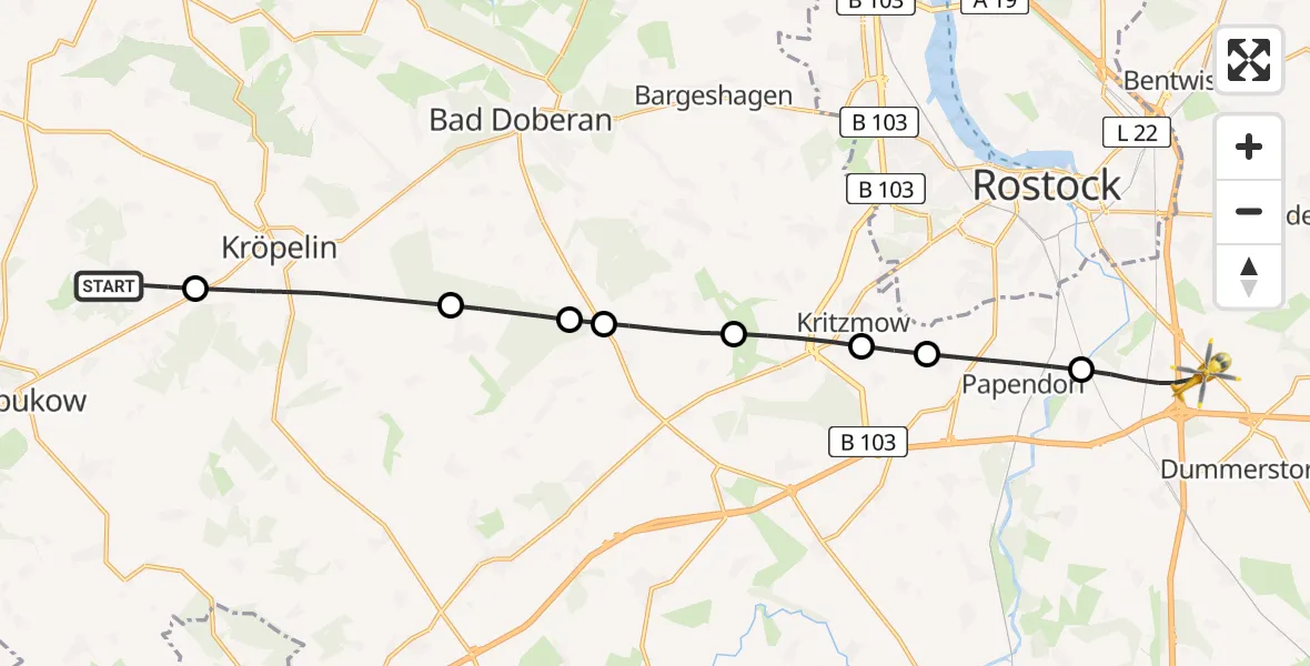Flugroute Ambulanzhubschrauber Biendorf - Dummerstorf, 22 Juli 2026, 06:27