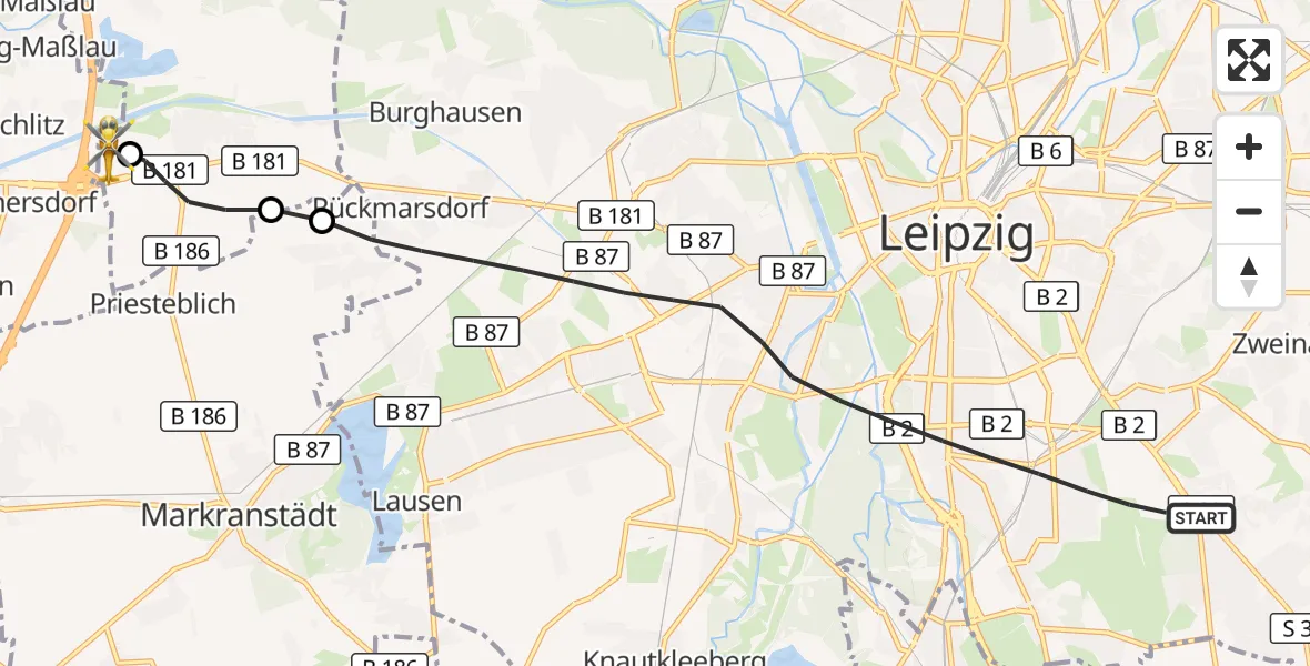 Flugroute Rettungshubschrauber Leipzig - ADAC Air Rescue Station Leipzig/Schkeuditz-Dölzig Hubschrauberlandeplatz (Christoph 61), 22 Juli 2026, 06:31