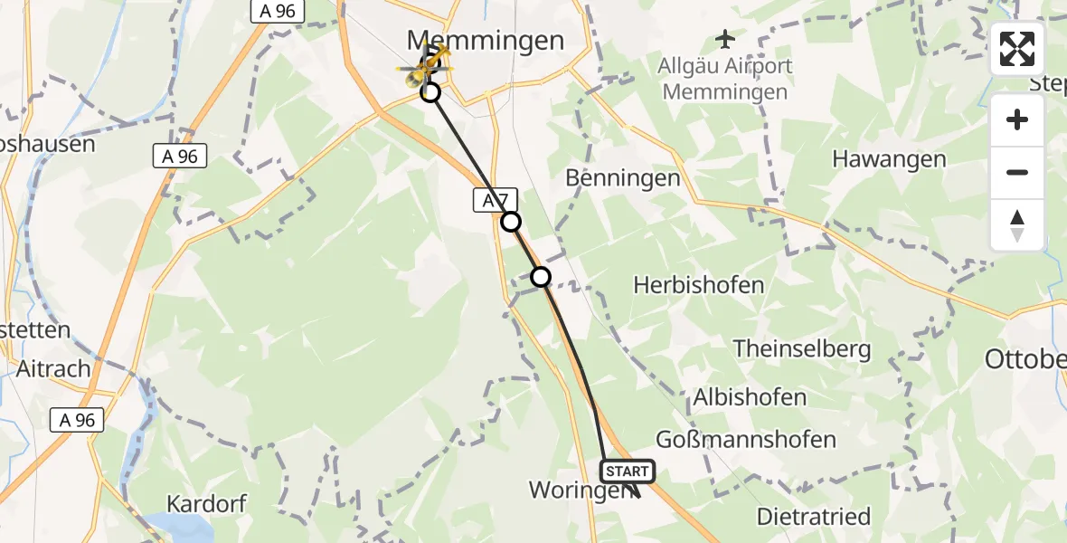 Flugroute Rettungshubschrauber Woringen - Memmingen Hospital, 22 Juli 2026, 06:32