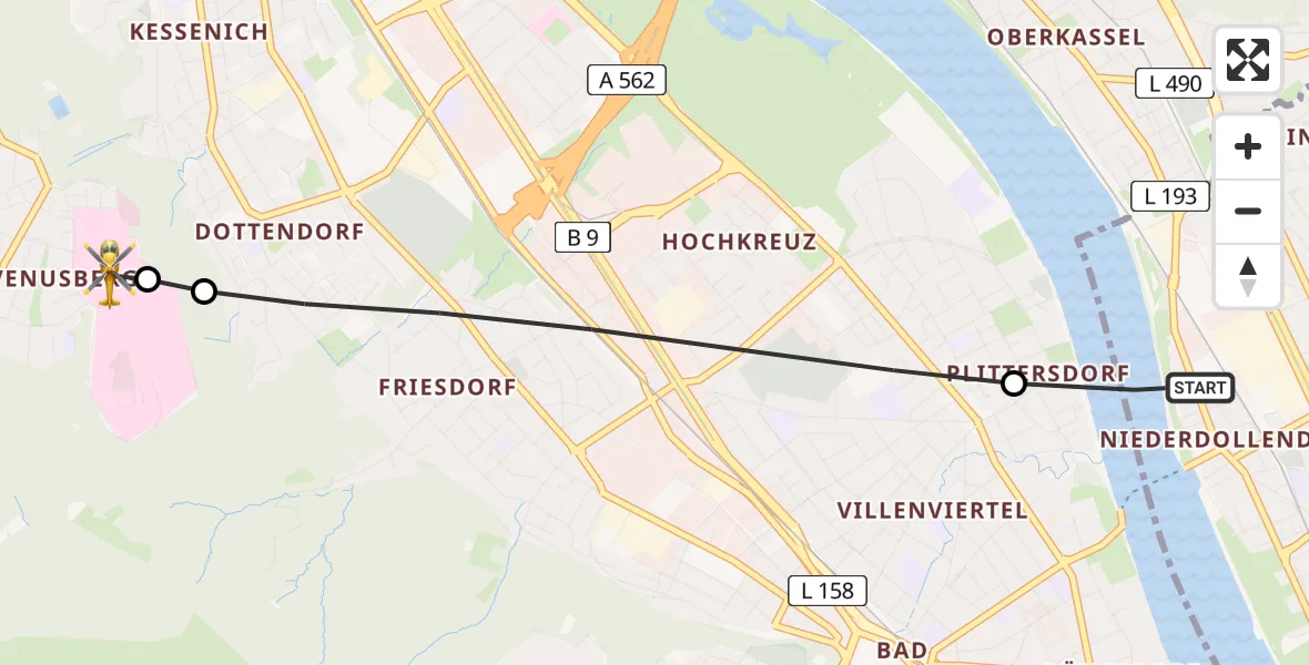 Flugroute Rettungshubschrauber Königswinter - Bonn University Hospital, 22 Juli 2026, 06:33