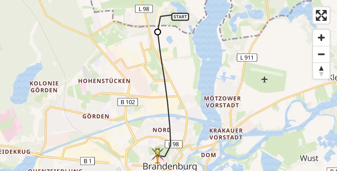 Flugroute Rettungshubschrauber Beetzsee - Brandenburg an der Havel, 22 Juli 2026, 06:33